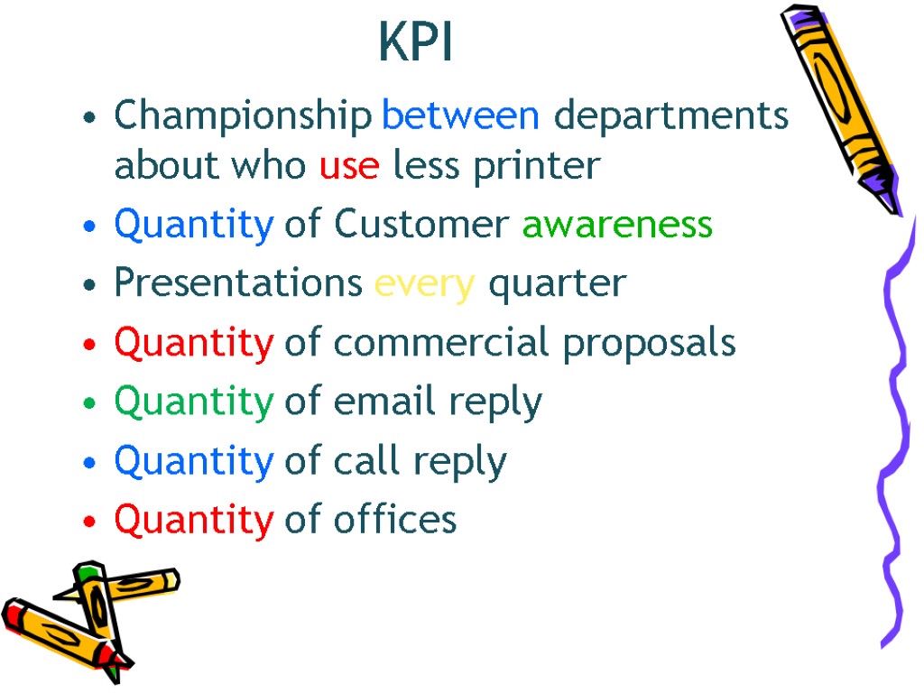 KPI Championship between departments about who use less printer Quantity of Customer awareness Presentations